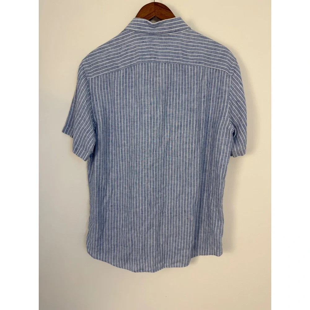 UNTUCKit Westrey WR Linen Shirt Mens Large Blue Stripe Slim Fit Short Sleeve